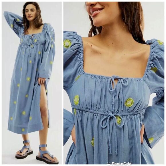 Free People Dresses & Skirts - FREE PEOPLE Emory Boho Embroidered Square Neck Puff Sleeve Peasant Dress Size XS